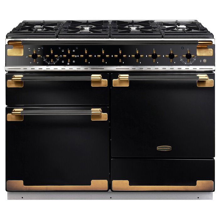 Rangemaster  Elise Luxe 110cm Black Edition Dual Fuel Range Cooker With Antique Brass Trim /BE ELS110DFFGB/BE - Black