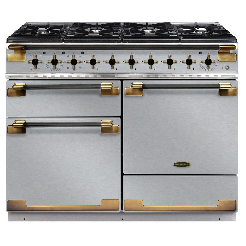 Rangemaster  Elise Luxe 110cm Black Edition Dual Fuel Range Cooker With Antique Brass Trim ELS110DFFSS/BE - Stainless Steel