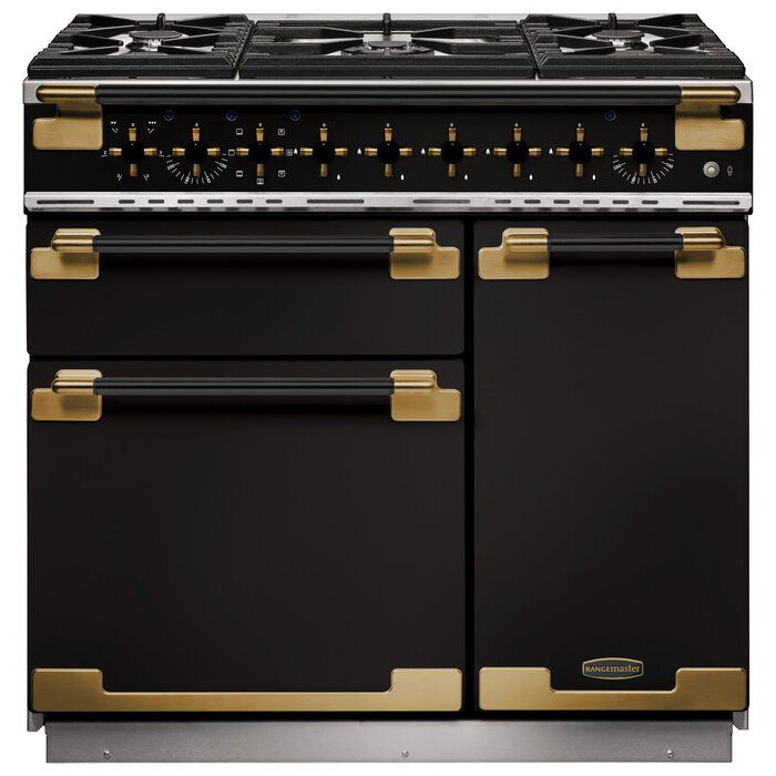 Rangemaster  Elise Luxe 90cm Black Edition Dual Fuel Range Cooker With Antique Brass Trim ELS90DFFGB/BE - Black