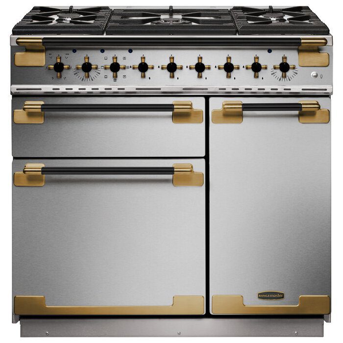 Rangemaster  Elise Luxe 90cm Black Edition Dual Fuel Range Cooker With Antique Brass Trim ELS90DFFSS/BE - Stainless Steel