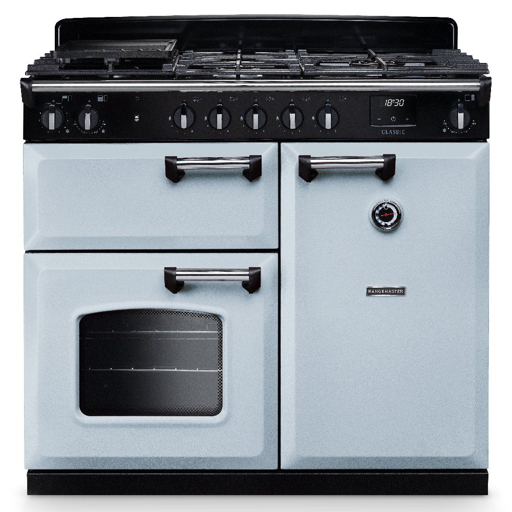 Rangemaster  Classic 100cm Dual Fuel Range Cooker Chrome Trim 14193 CL100DFPMSB/CM1 - Misty Blue
