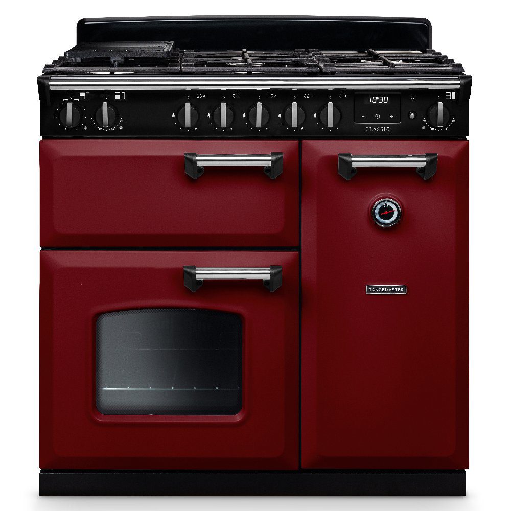 Rangemaster  Classic 90cm Dual Fuel Range Cooker Chrome Trim 14152 CL90DFPBOR/CM1 - Bordeaux