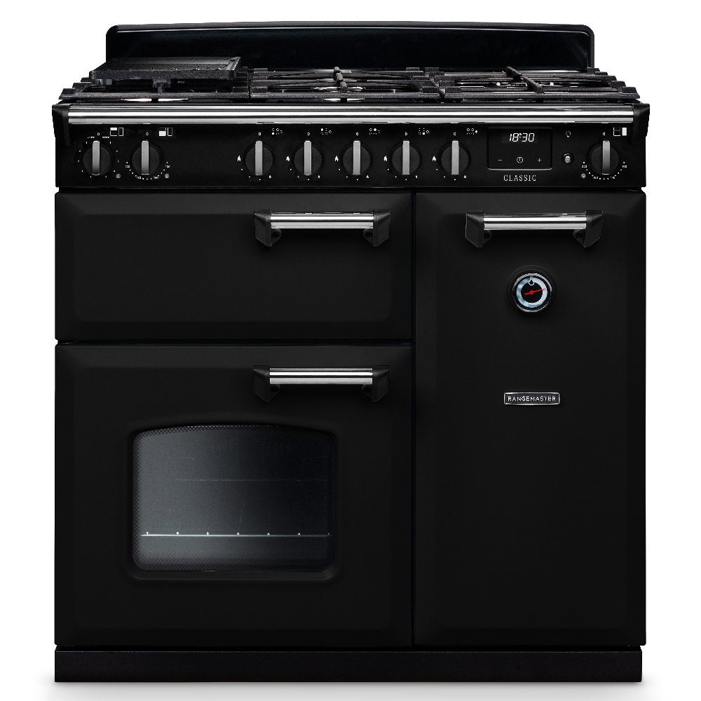 Rangemaster  Classic 90cm Dual Fuel Range Cooker Chrome Trim 14150 CL90DFPGBL/CM1 - Black