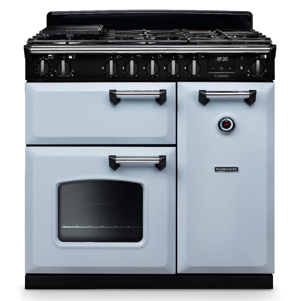 Rangemaster  Classic 90cm Dual Fuel Range Cooker Chrome Trim 14153 CL90DFPMSB/CM1 - Misty Blue