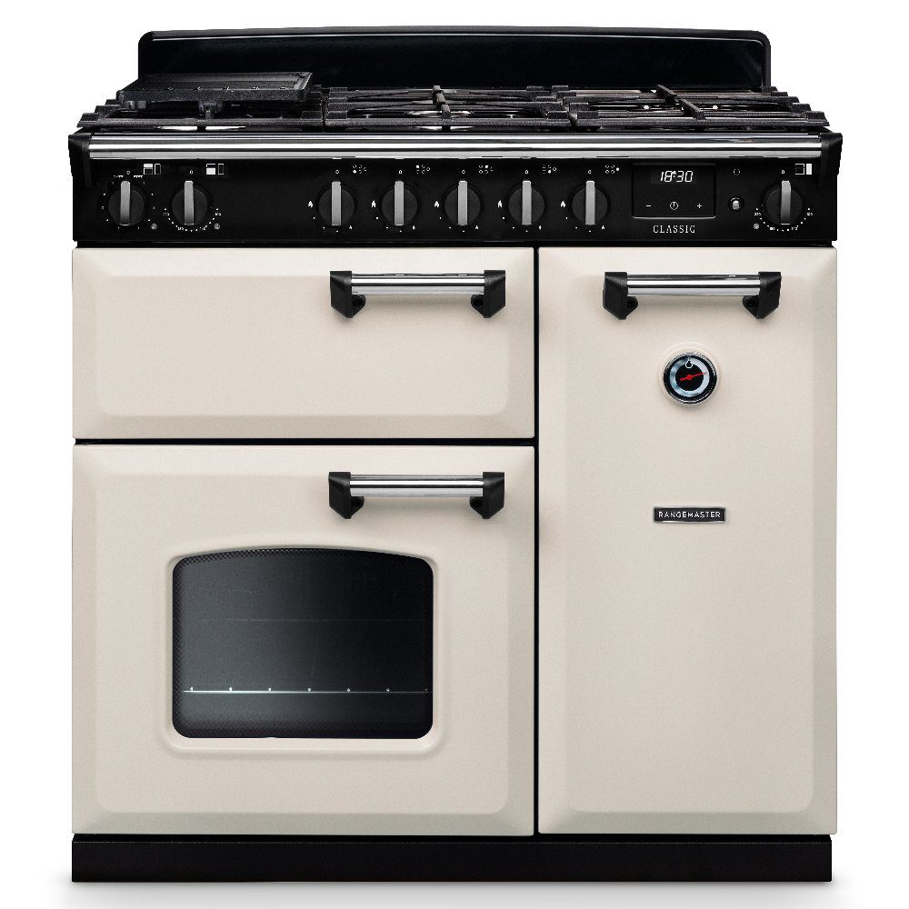 Rangemaster  Classic 90cm Dual Fuel Range Cooker Chrome Trim 14151 CL90DFPPCR/CM1 - Pale Cream