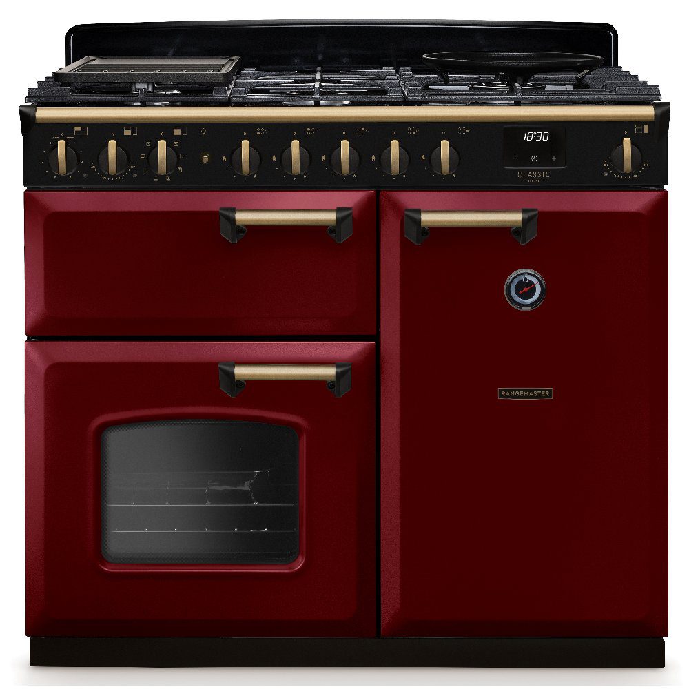 Rangemaster  Classic Deluxe 100cm Dual Fuel Range Cooker Antique Brass Trim 18301 CLDL100DFPBOR/AB1 - Bordeaux
