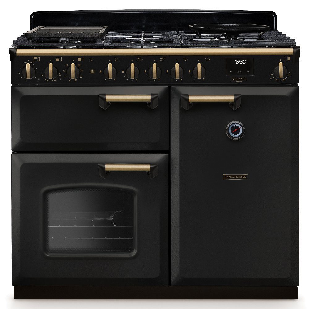 Rangemaster  Classic Deluxe 100cm Dual Fuel Range Cooker Antique Brass Trim 18296 CLDL100DFPCBL/AB1 - Charcoal Black
