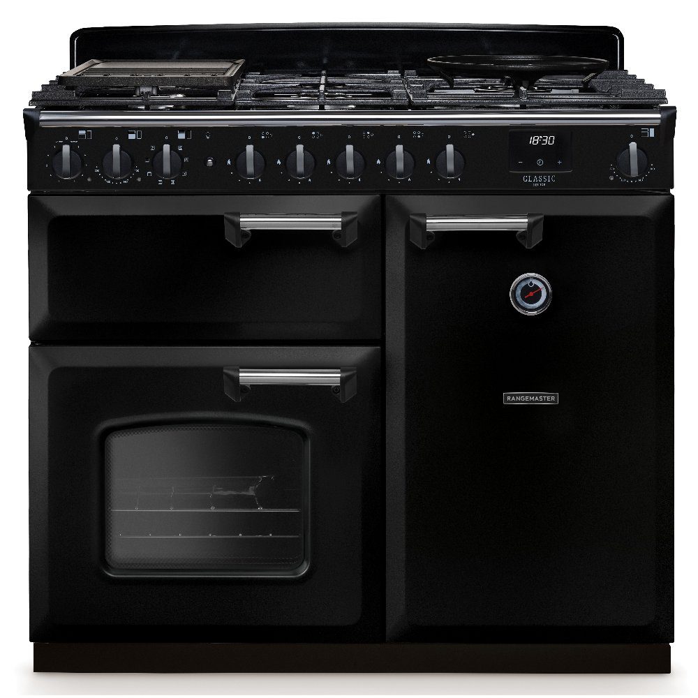 Rangemaster  Classic Deluxe 100cm Dual Fuel Range Cooker Chrome Trim 14638 CLDL100DFPGBL/CM1 - Black
