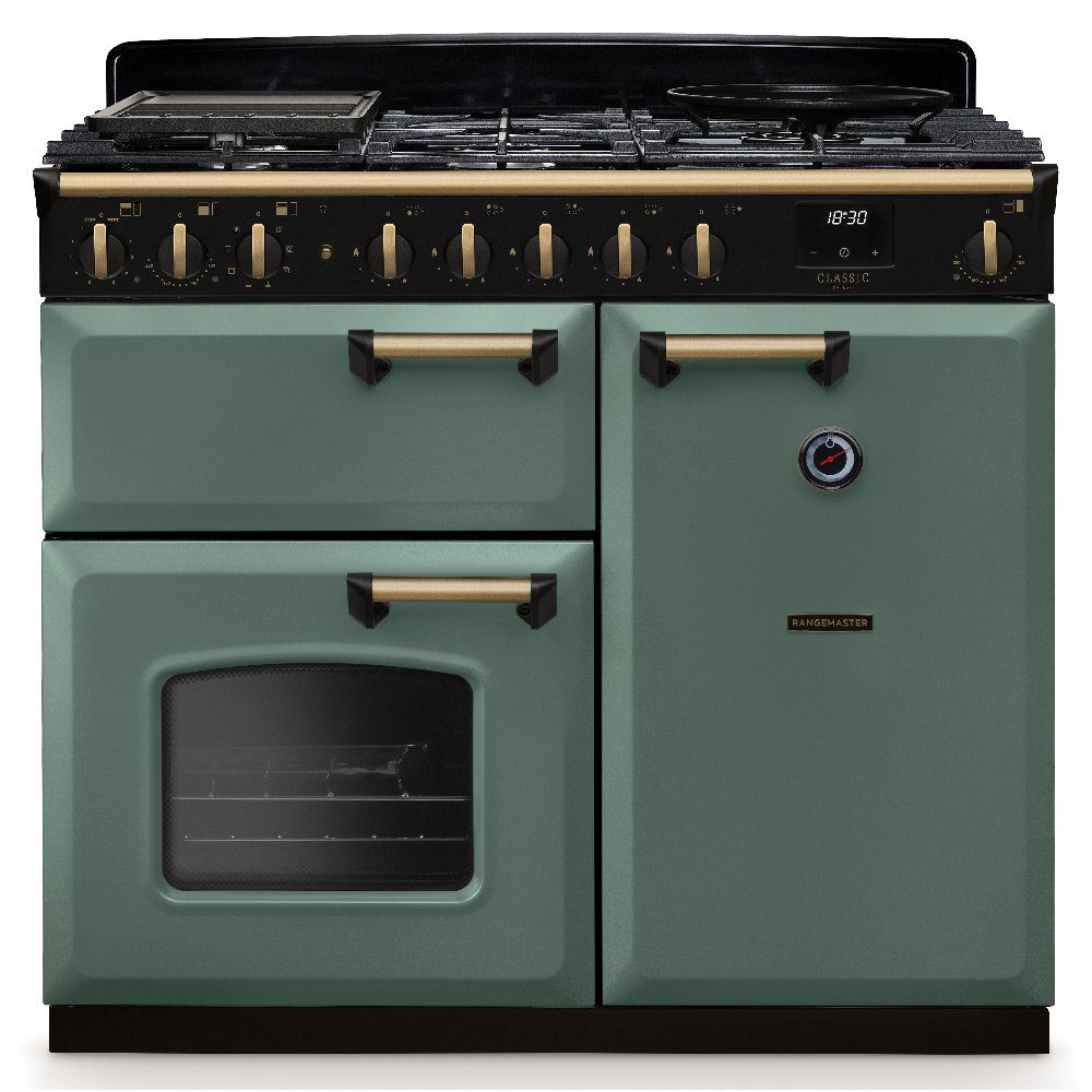 Rangemaster  Classic Deluxe 100cm Dual Fuel Range Cooker Antique Brass Trim 18298 CLDL100DFPMGR/AB1 - Mineral Green