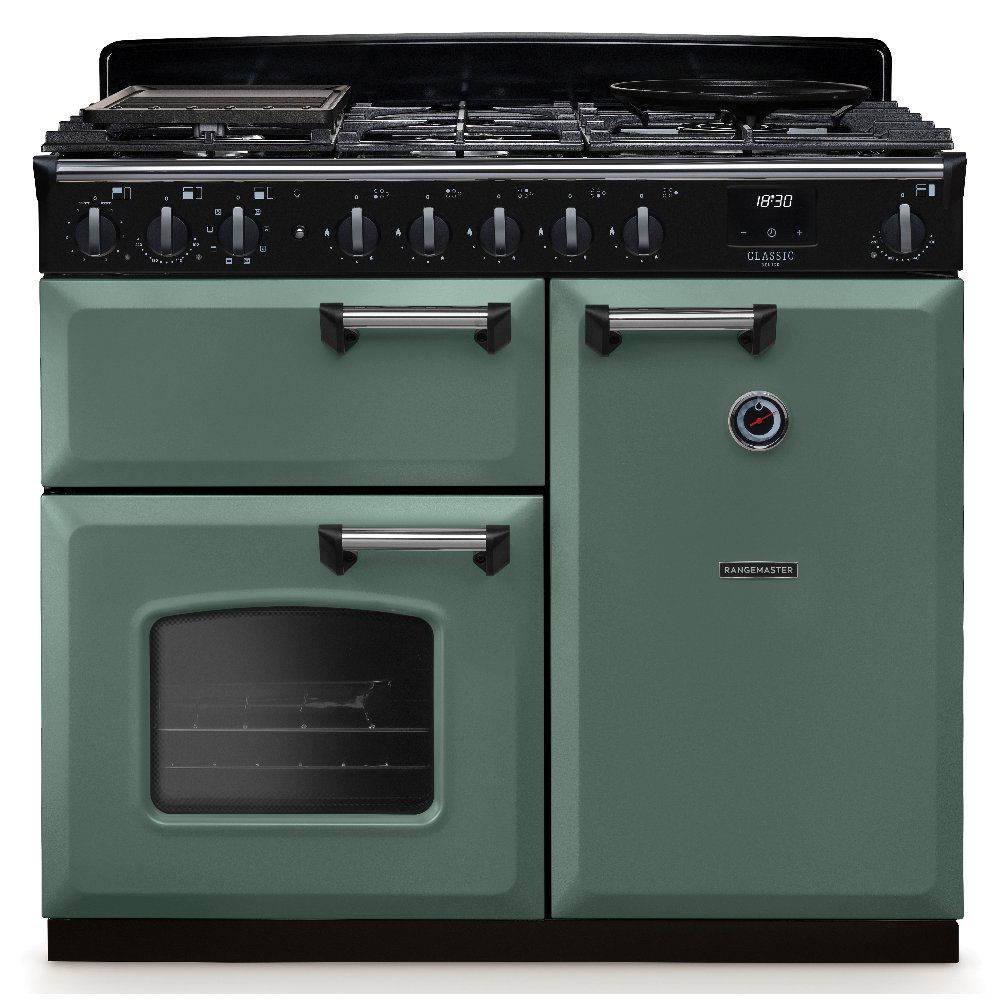 Rangemaster  Classic Deluxe 100cm Dual Fuel Range Cooker Chrome Trim 14641 CLDL100DFPMGR/CM1 - Mineral Green
