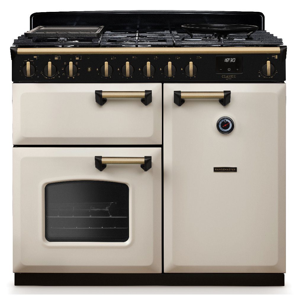 Rangemaster  Classic Deluxe 100cm Dual Fuel Range Cooker Antique Brass Trim 18300 CLDL100DFPPCR/AB1 - Pale Cream