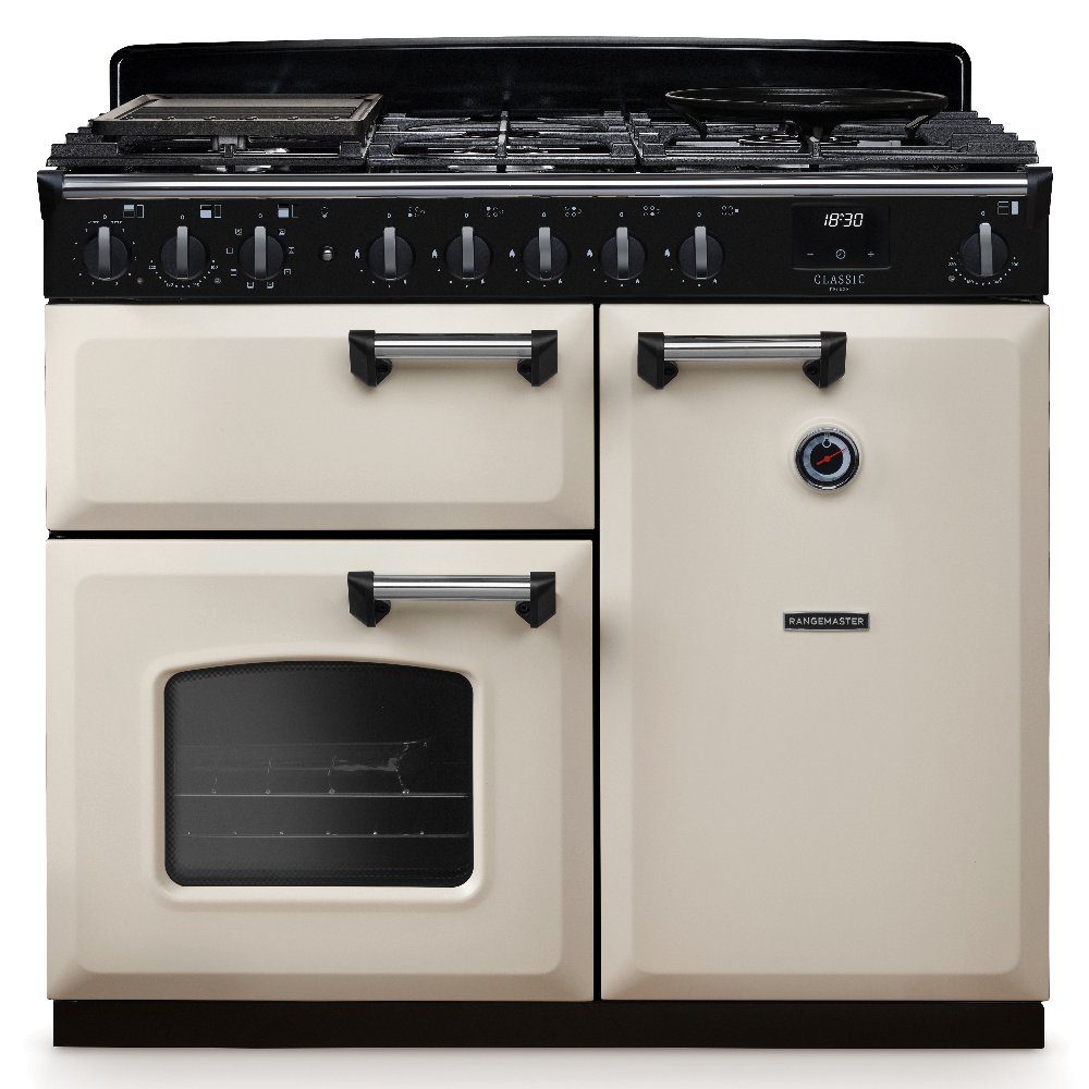 Rangemaster  Classic Deluxe 100cm Dual Fuel Range Cooker Chrome Trim 14643 CLDL100DFPPCR/CM1 - Pale Cream