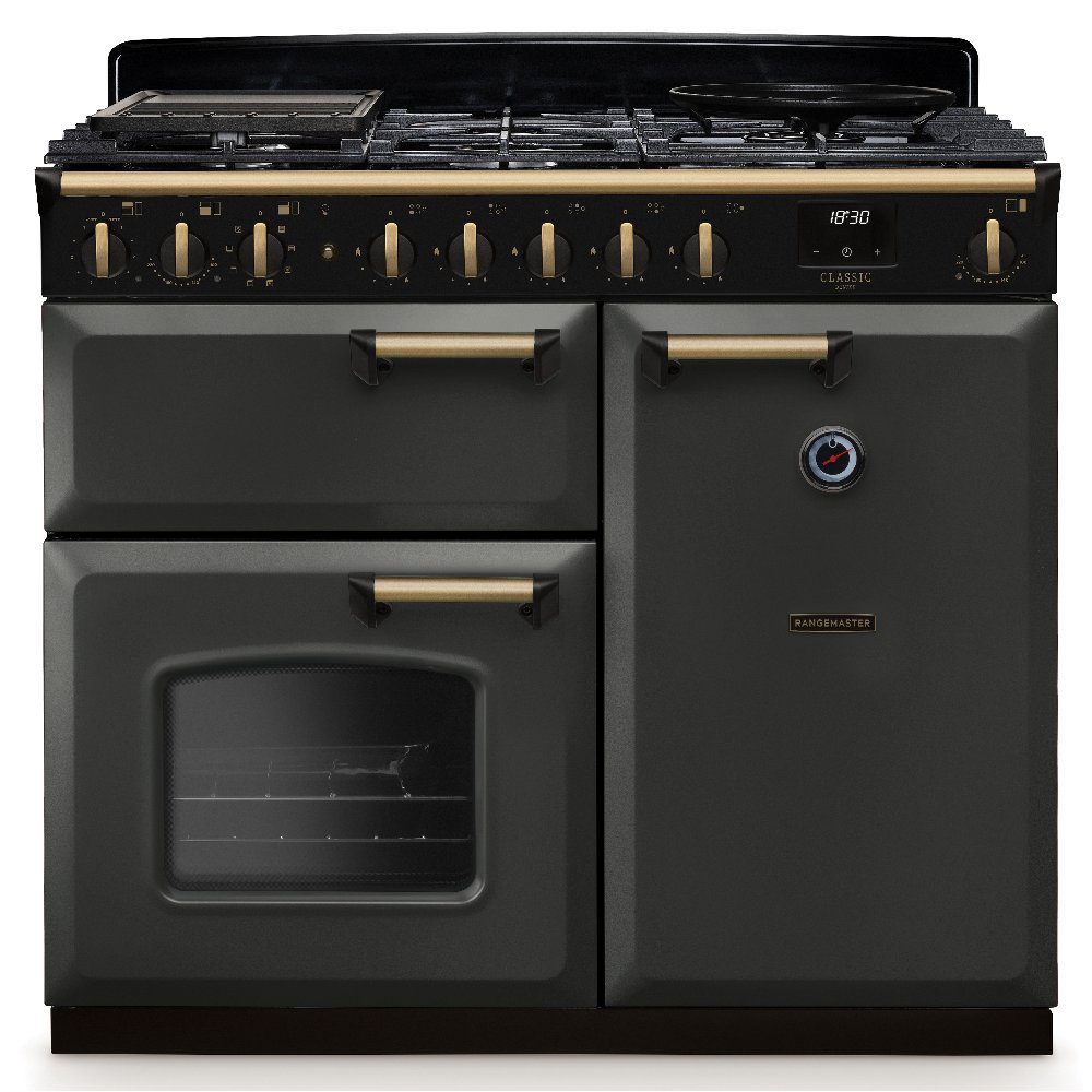 Rangemaster  Classic Deluxe 100cm Dual Fuel Range Cooker Antique Brass Trim 18297 CLDL100DFPSLT/AB1 - Slate