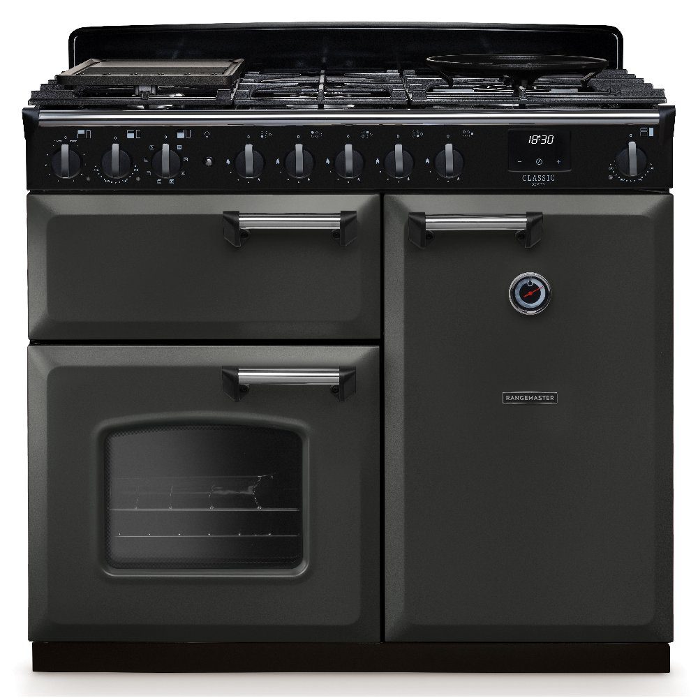 Rangemaster  Classic Deluxe 100cm Dual Fuel Range Cooker Chrome Trim 14640 CLDL100DFPSLT/CM1 - Slate