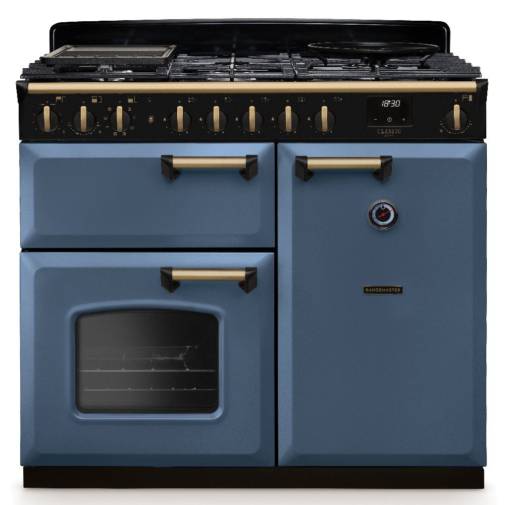 Rangemaster  Classic Deluxe 100cm Dual Fuel Range Cooker Antique Brass Trim 18299 CLDL100DFPSTB/AB1 - Stone Blue