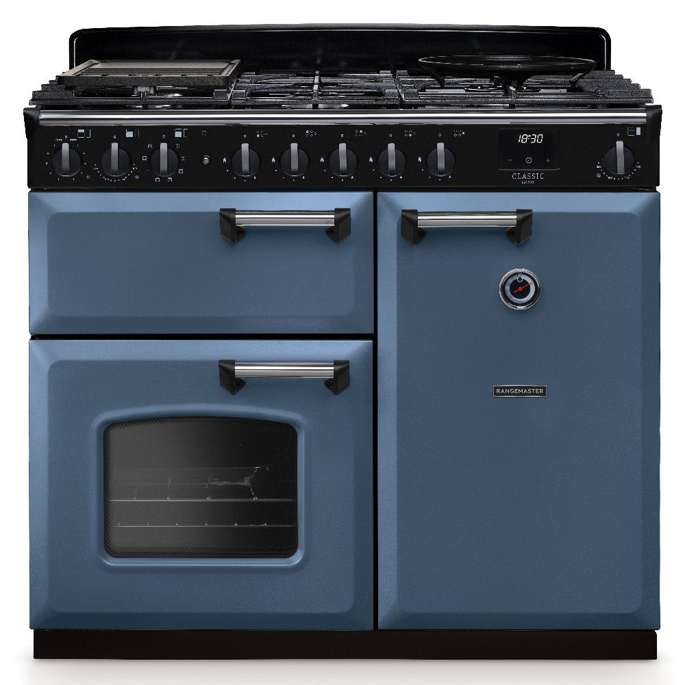 Rangemaster  Classic Deluxe 100cm Dual Fuel Range Cooker Chrome Trim 14642 CLDL100DFPSTB/CM1 - Stone Blue