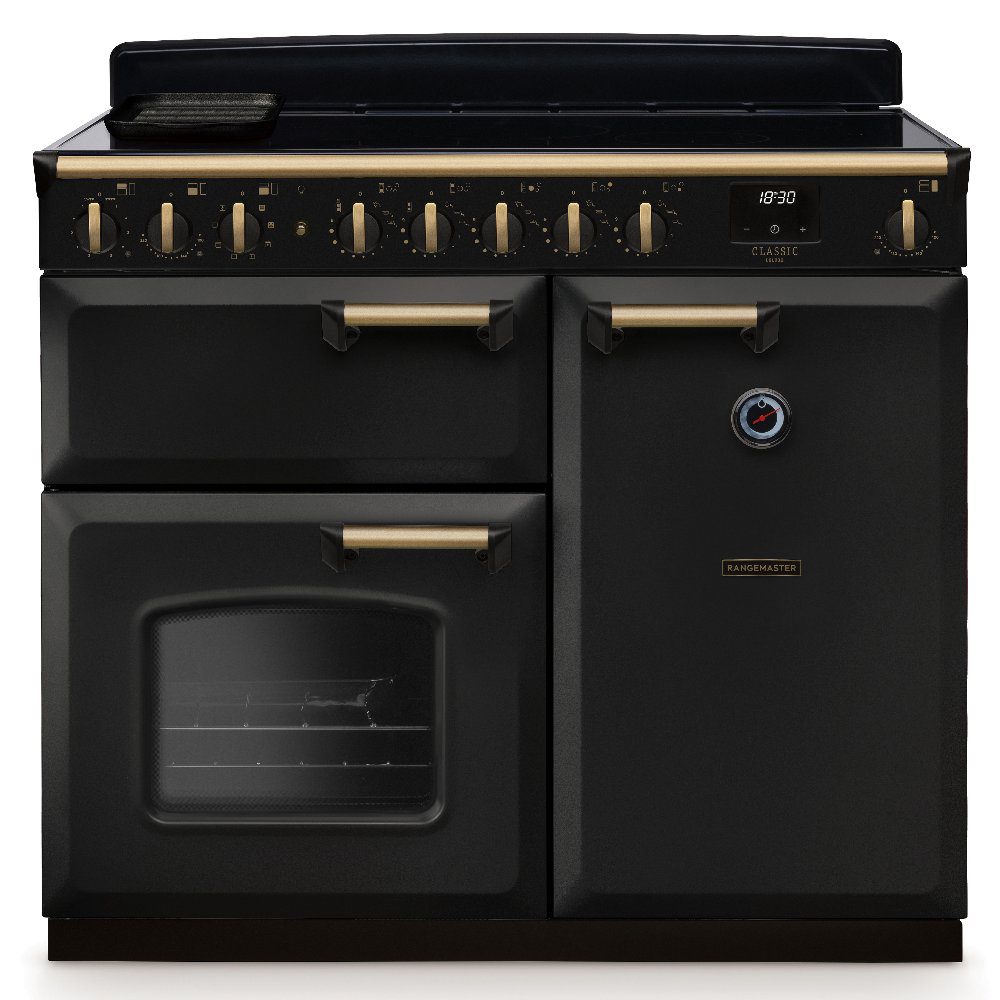 Rangemaster  Classic Deluxe 100cm Induction Range Cooker Antique Brass Trim 18310 CLDL100EIPCBL/AB1 - Charcoal Black