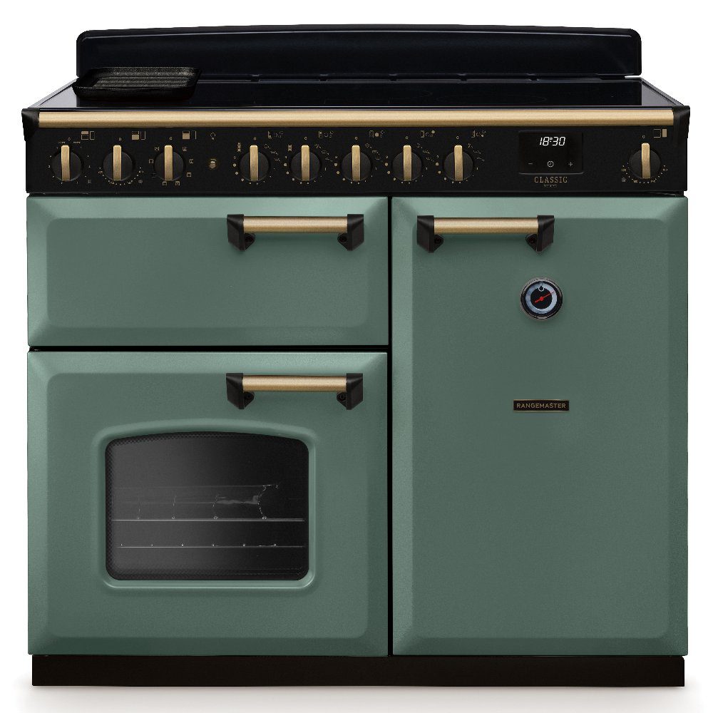 Rangemaster  Classic Deluxe 100cm Induction Range Cooker Antique Brass Trim 18312 CLDL100EIPMGR/AB1 - Mineral Green