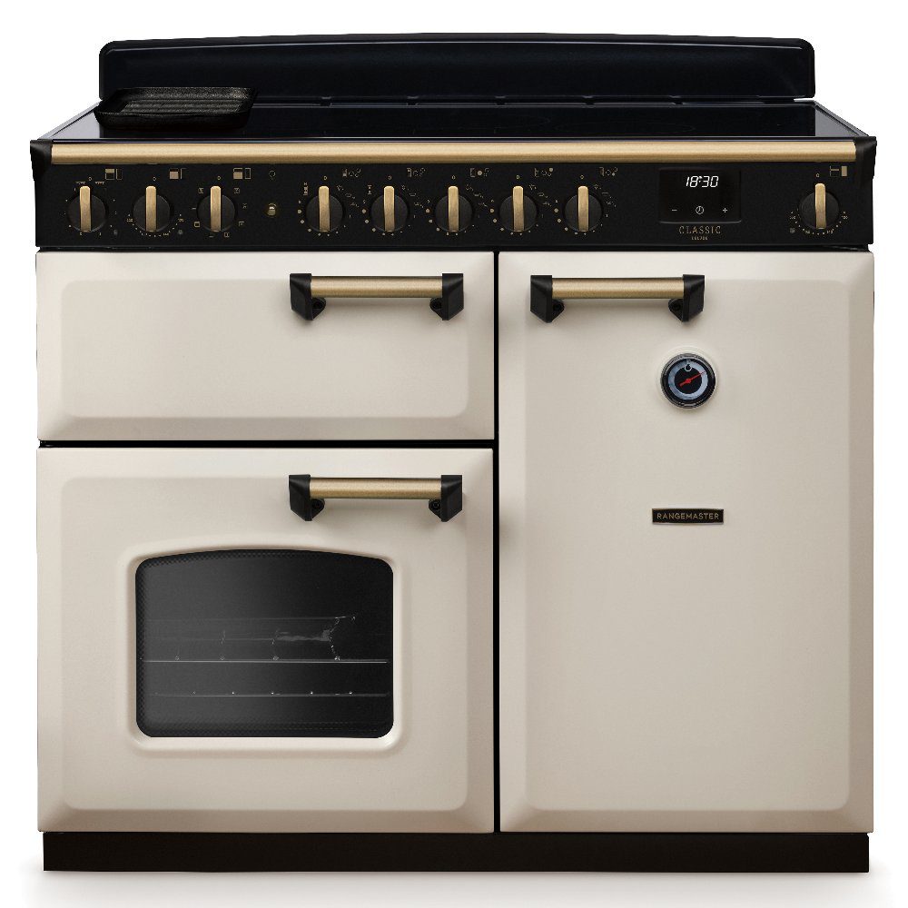 Rangemaster  Classic Deluxe 100cm Induction Range Cooker Antique Brass Trim 18314 CLDL100EIPPCR/AB1 - Pale Cream