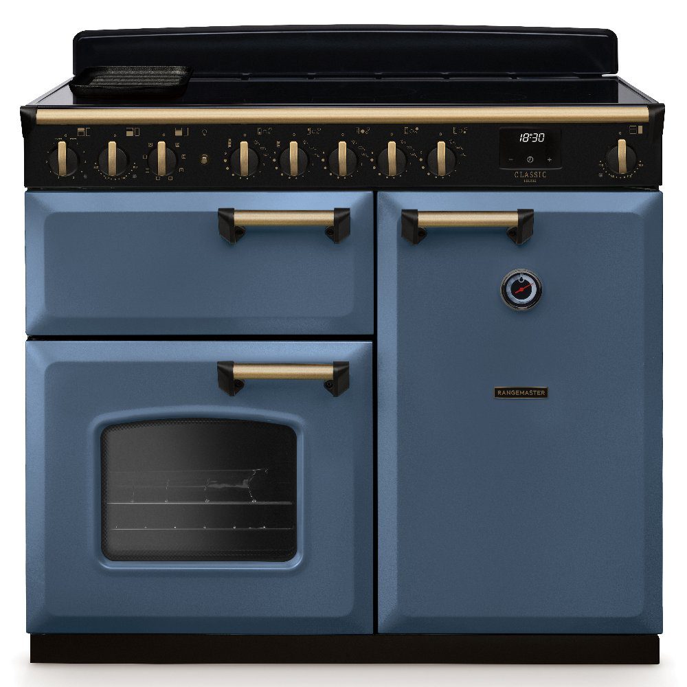 Rangemaster  Classic Deluxe 100cm Induction Range Cooker Antique Brass Trim 18313 CLDL100EIPSTB/AB1 - Stone Blue