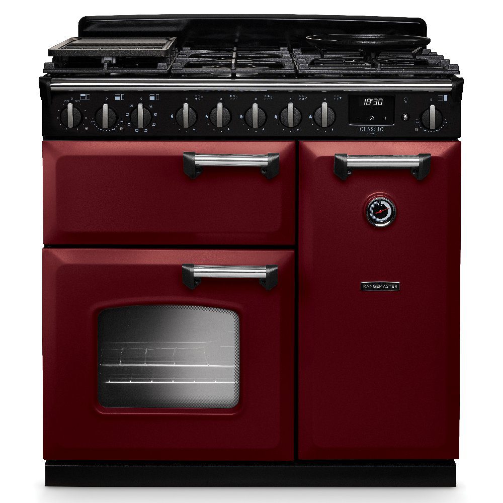 Rangemaster  Classic Deluxe 90cm Dual Fuel Range Cooker Chrome Trim 14543 CLDL90DFPBOR/CM1 - Bordeaux