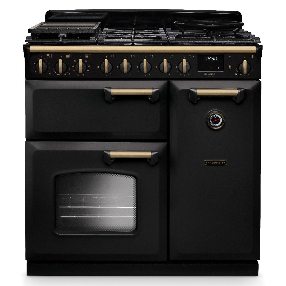 Rangemaster  Classic Deluxe 90cm Dual Fuel Range Cooker Antique Brass Trim 18256 CLDL90DFPCBL/AB1 - Charcoal Black
