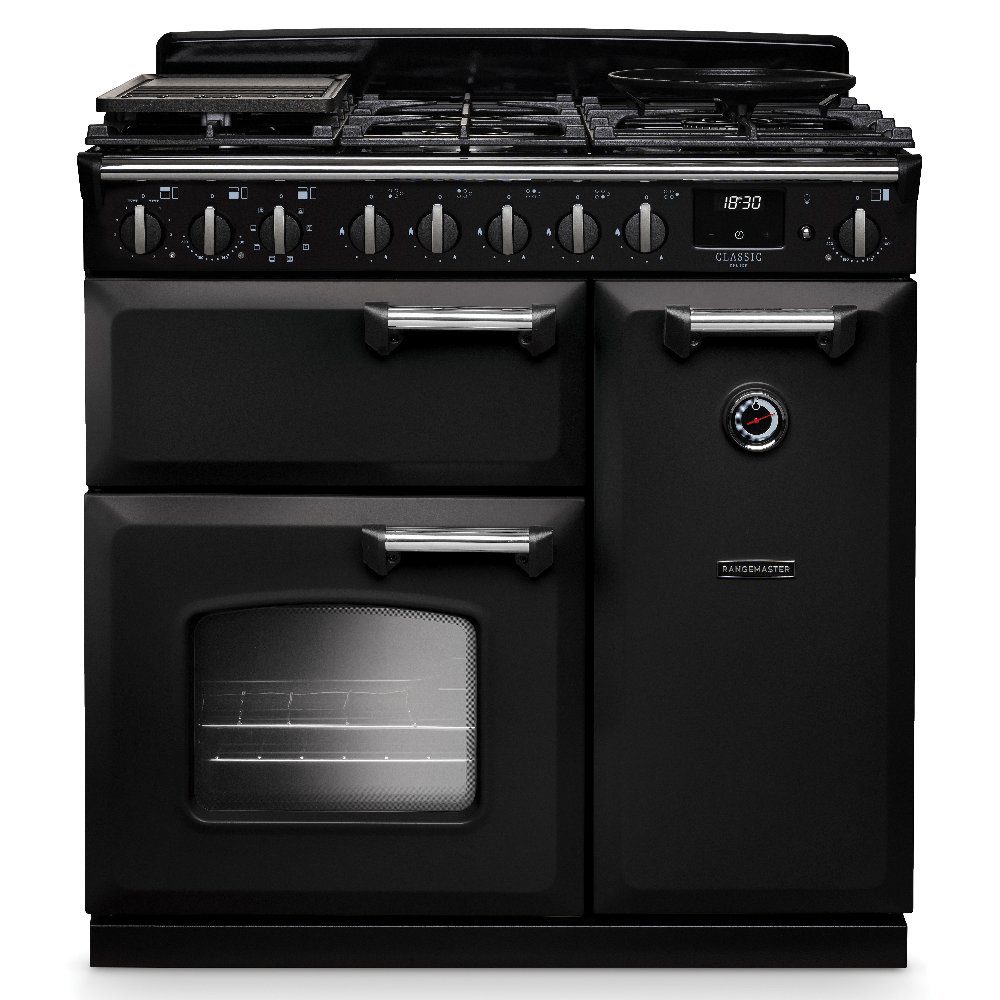 Rangemaster  Classic Deluxe 90cm Dual Fuel Range Cooker Chrome Trim 14537 CLDL90DFPCBL/CM1 - Charcoal Black