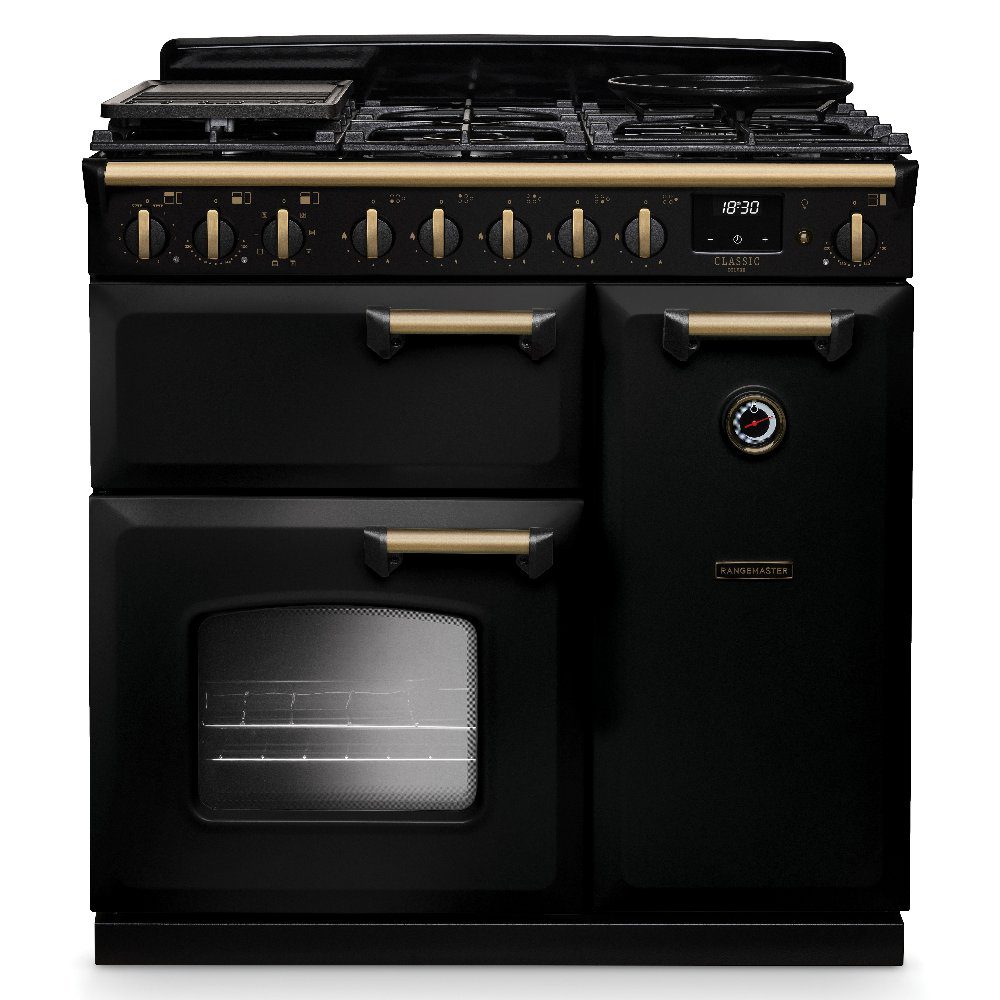 Rangemaster  Classic Deluxe 90cm Dual Fuel Range Cooker Antique Brass Trim 18255 CLDL90DFPGBL/AB1 - Black