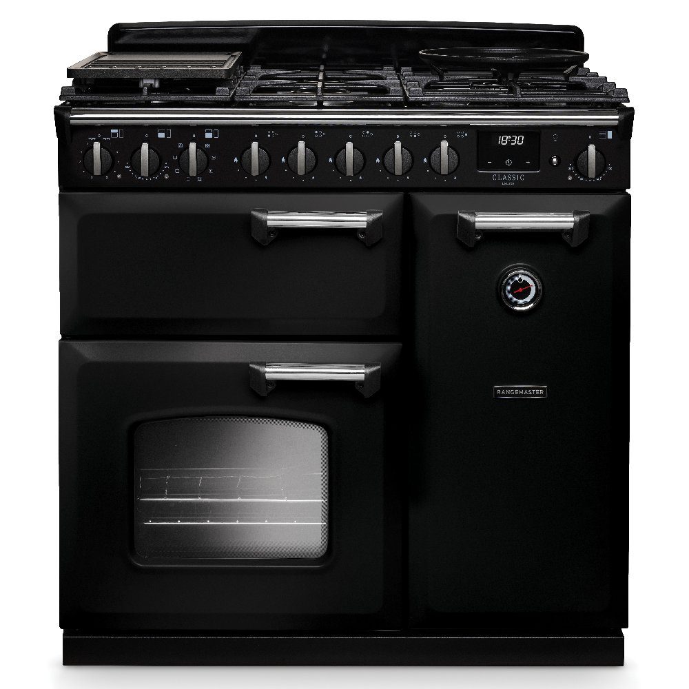 Rangemaster  Classic Deluxe 90cm Dual Fuel Range Cooker Chrome Trim 14536 CLDL90DFPGBL/CM1 - Black