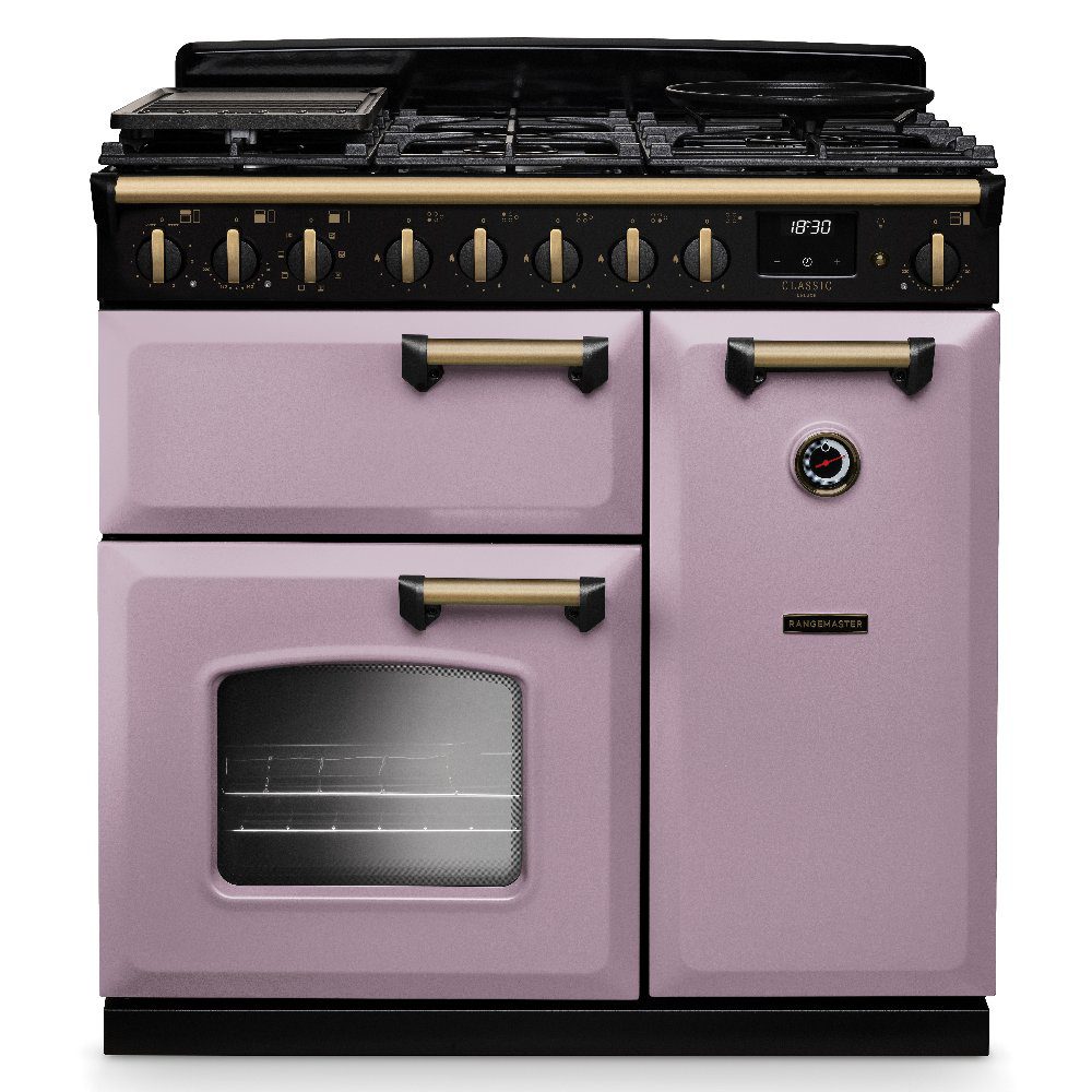 Rangemaster  Classic Deluxe 90cm Dual Fuel Range Cooker Antique Brass Trim 18403 CLDL90DFPHTH/AB1 - Heather