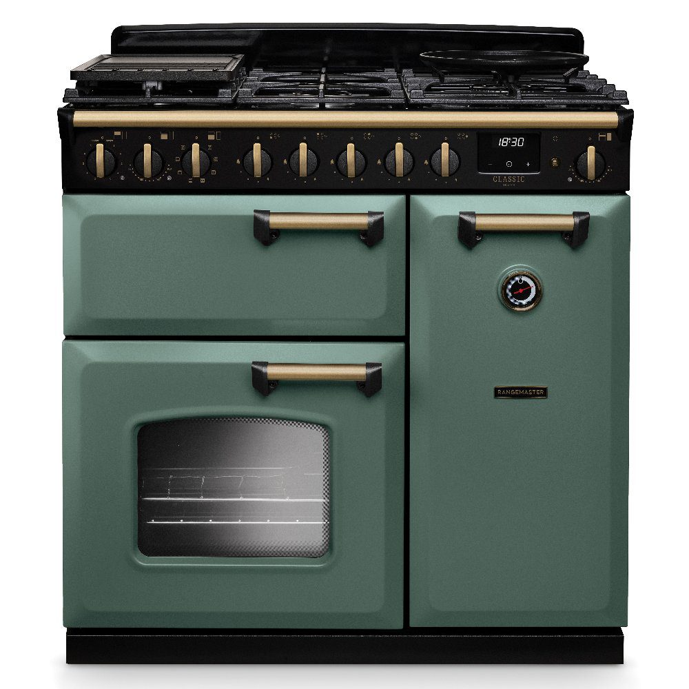 Rangemaster  Classic Deluxe 90cm Dual Fuel Range Cooker Antique Brass Trim 18258 CLDL90DFPMGR/AB1 - Mineral Green
