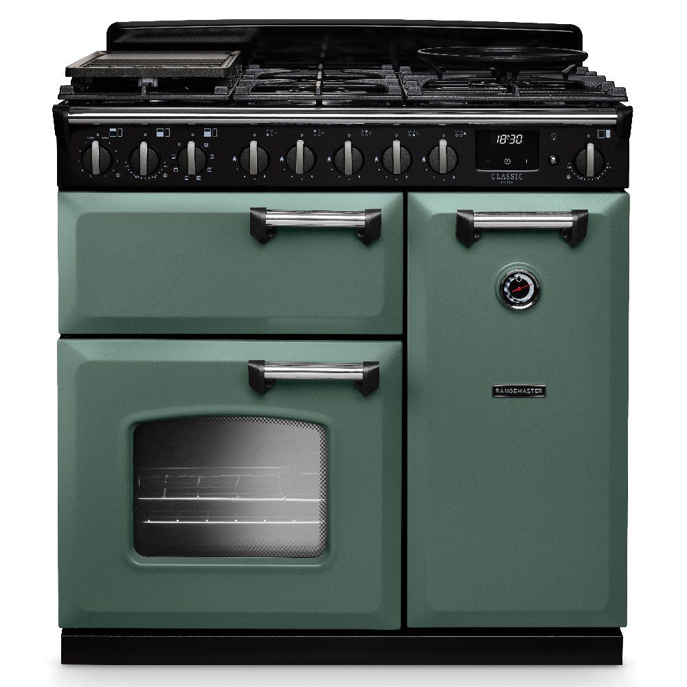 Rangemaster  Classic Deluxe 90cm Dual Fuel Range Cooker Chrome Trim 14539 CLDL90DFPMGR/CM1 - Mineral Green