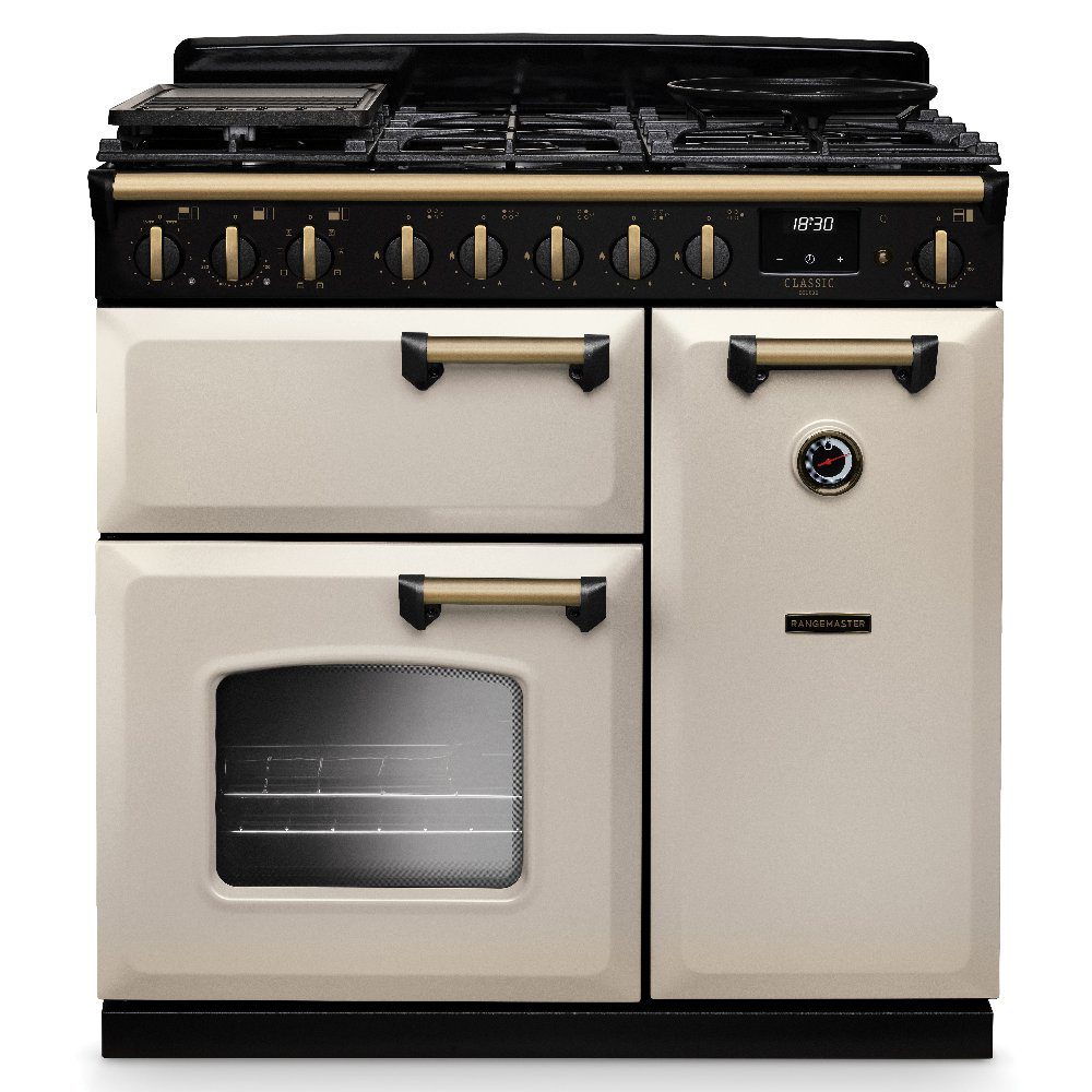 Rangemaster  Classic Deluxe 90cm Dual Fuel Range Cooker Antique Brass Trim 18260 CLDL90DFPPCR/AB1 - Pale Cream