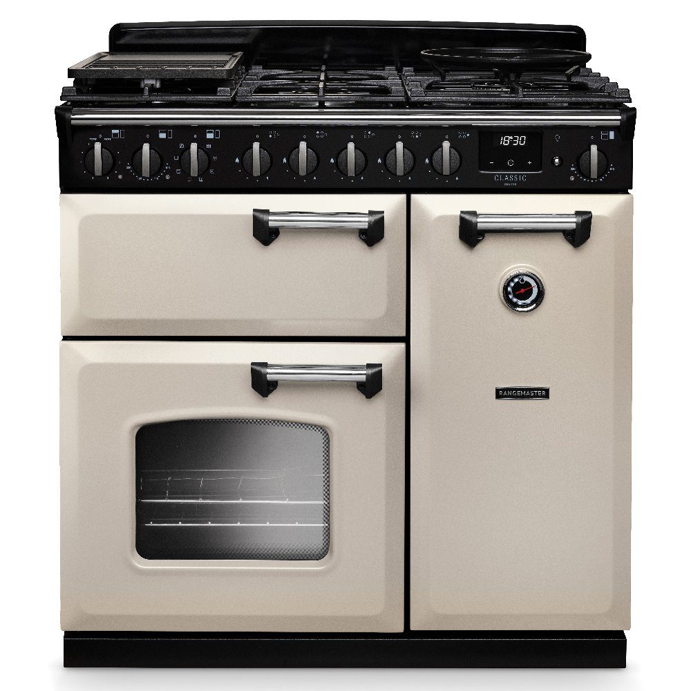 Rangemaster  Classic Deluxe 90cm Dual Fuel Range Cooker Chrome Trim 14541 CLDL90DFPPCR/CM1 - Pale Cream