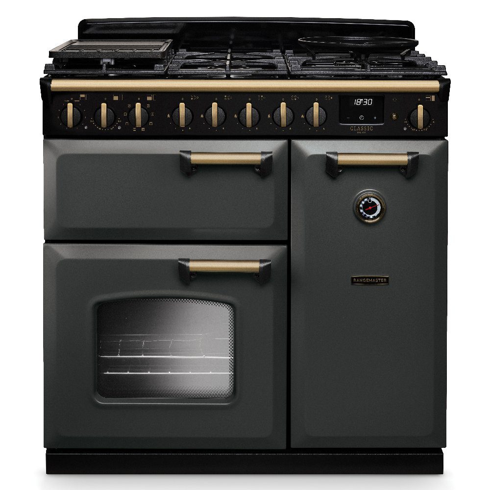 Rangemaster  Classic Deluxe 90cm Dual Fuel Range Cooker Antique Brass Trim 18257 CLDL90DFPSLT/AB1 - Slate