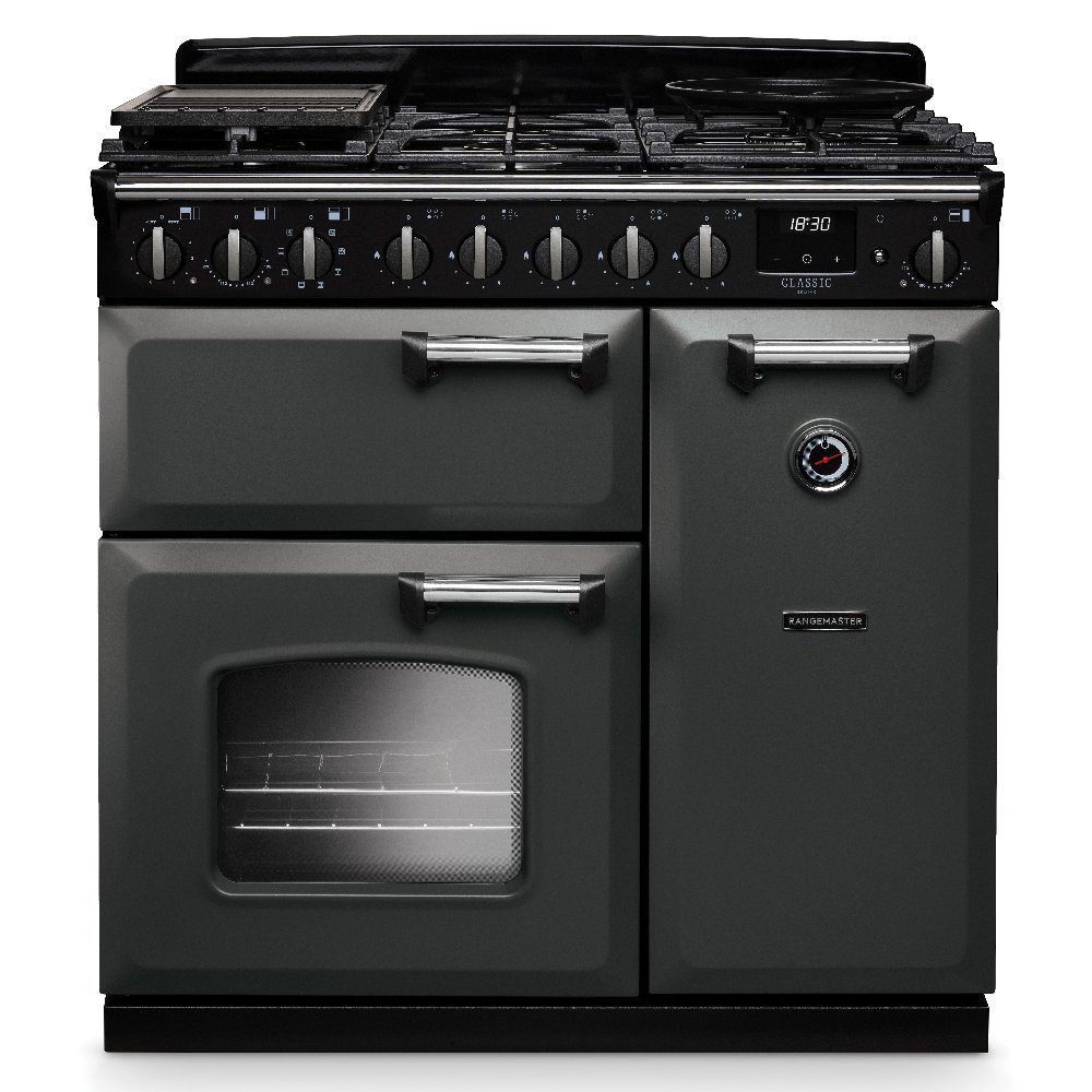 Rangemaster  Classic Deluxe 90cm Dual Fuel Range Cooker Chrome Trim 14538 CLDL90DFPSLT/CM1 - Slate