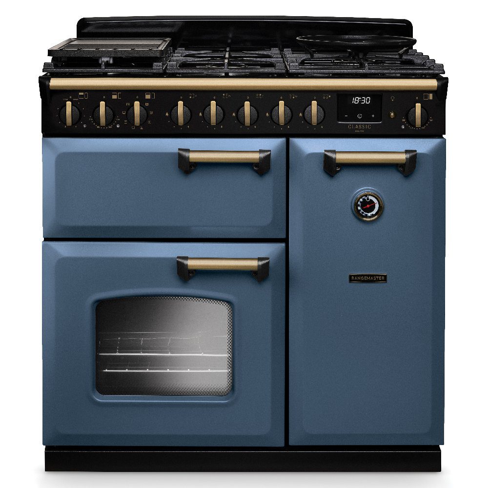 Rangemaster  Classic Deluxe 90cm Dual Fuel Range Cooker Antique Brass Trim 18259 CLDL90DFPSTB/AB1 - Stone Blue