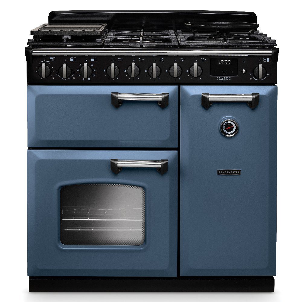 Rangemaster  Classic Deluxe 90cm Dual Fuel Range Cooker Chrome Trim 14540 CLDL90DFPSTB/CM1 - Stone Blue