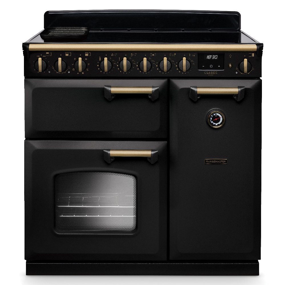 Rangemaster  Classic Deluxe 90cm Induction Range Cooker Antique Brass Trim 18276 CLDL90EIPCBL/AB1 - Charcoal Black