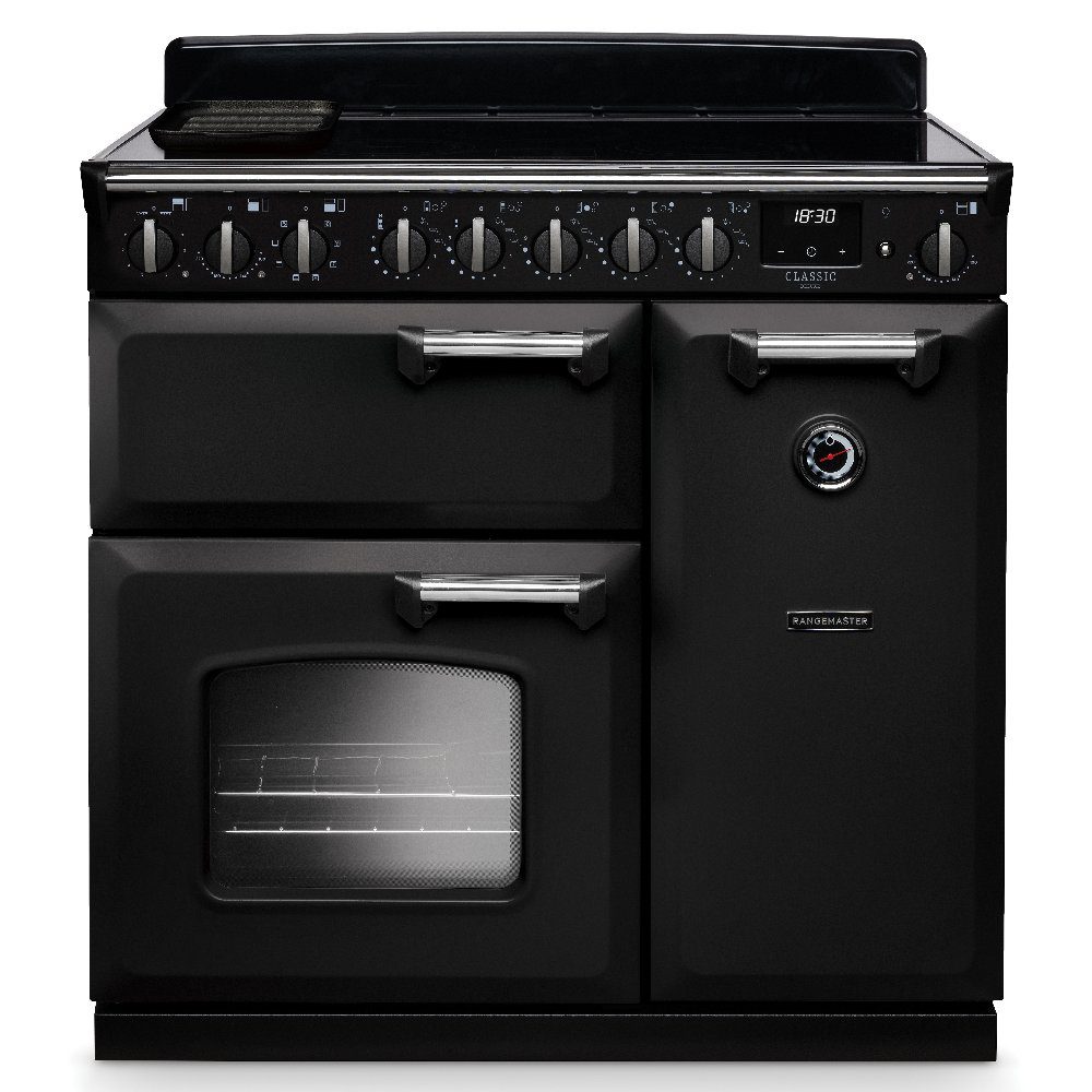 Rangemaster  Classic Deluxe 90cm Induction Range Cooker Chrome Trim 14588 CLDL90EIPCBL/CM1 - Charcoal Black