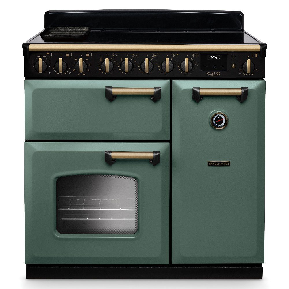 Rangemaster  Classic Deluxe 90cm Induction Range Cooker Antique Brass Trim 18278 CLDL90EIPMGR/AB1 - Mineral Green