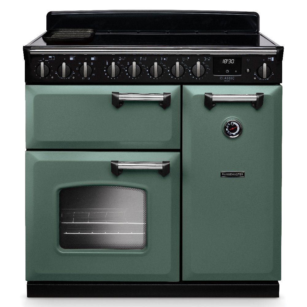 Rangemaster  Classic Deluxe 90cm Induction Range Cooker Chrome Trim 14590 CLDL90EIPMGR/CM1 - Mineral Green