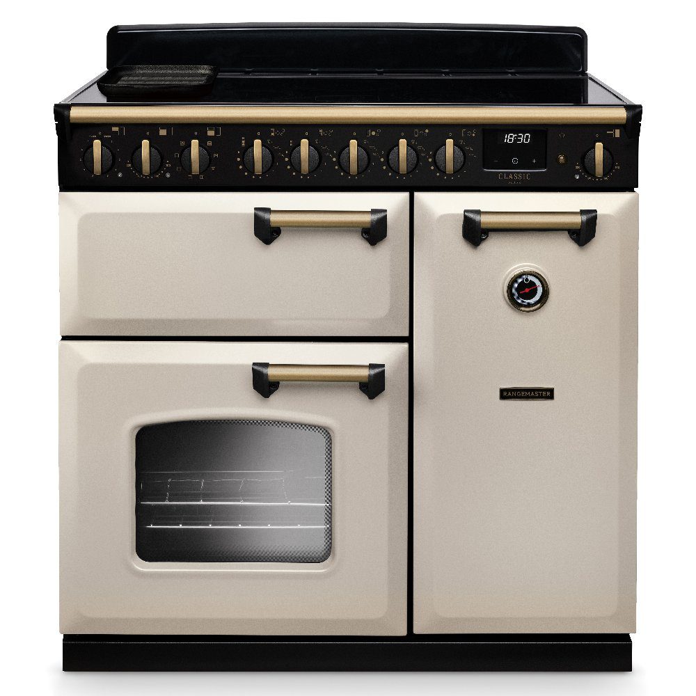 Rangemaster  Classic Deluxe 90cm Induction Range Cooker Antique Brass Trim 18280 CLDL90EIPPCR/AB1 - Pale Cream