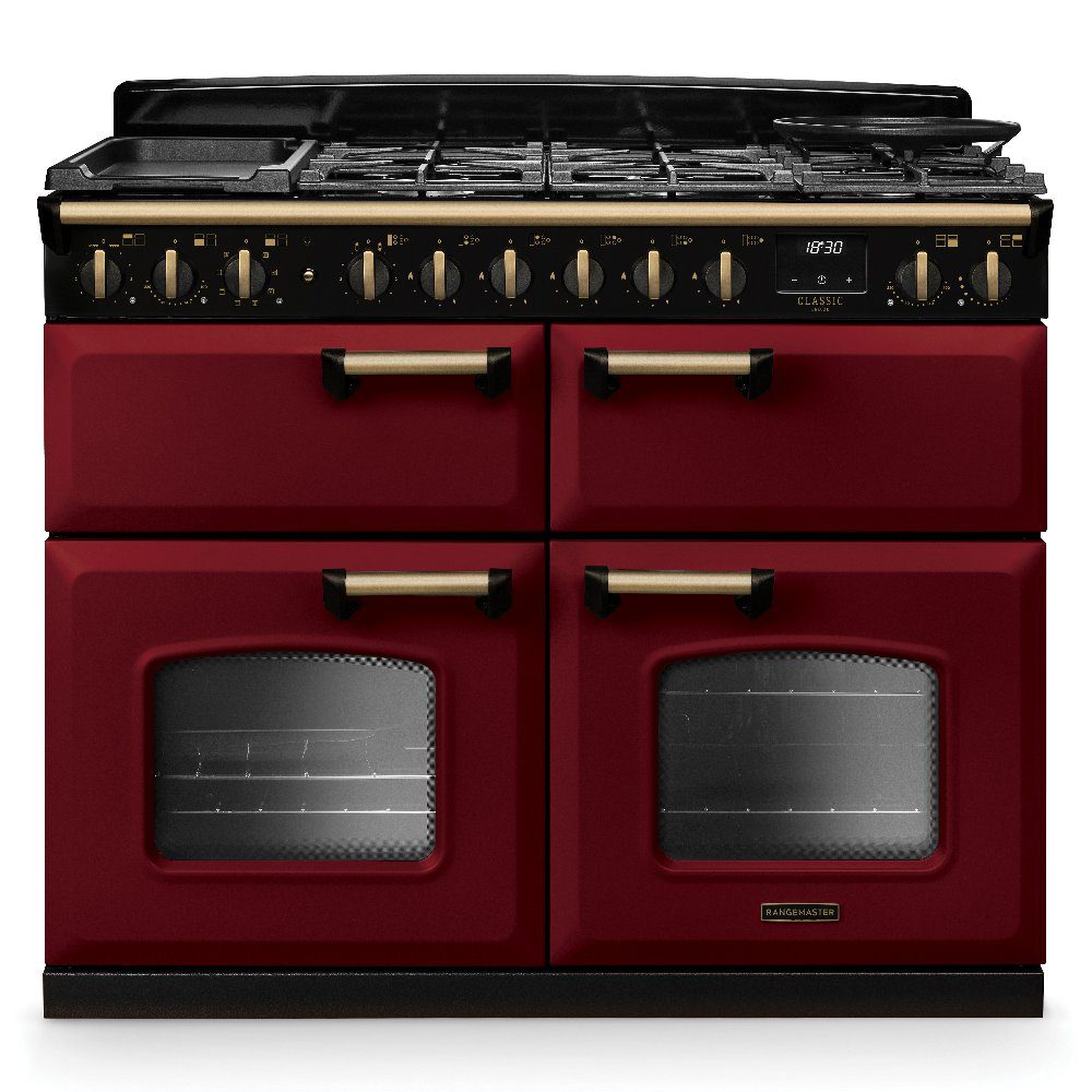 Rangemaster  Classic Deluxe BC 110cm Dual Fuel Range Cooker Antique Brass Trim 18369 CLDLB110DFPBOR/AB1 - Bordeaux