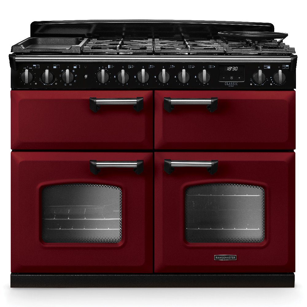 Rangemaster  Classic Deluxe BC 110cm Dual Fuel Range Cooker Chrome Trim 14881 CLDLB110DFPBOR/CM1 - Bordeaux