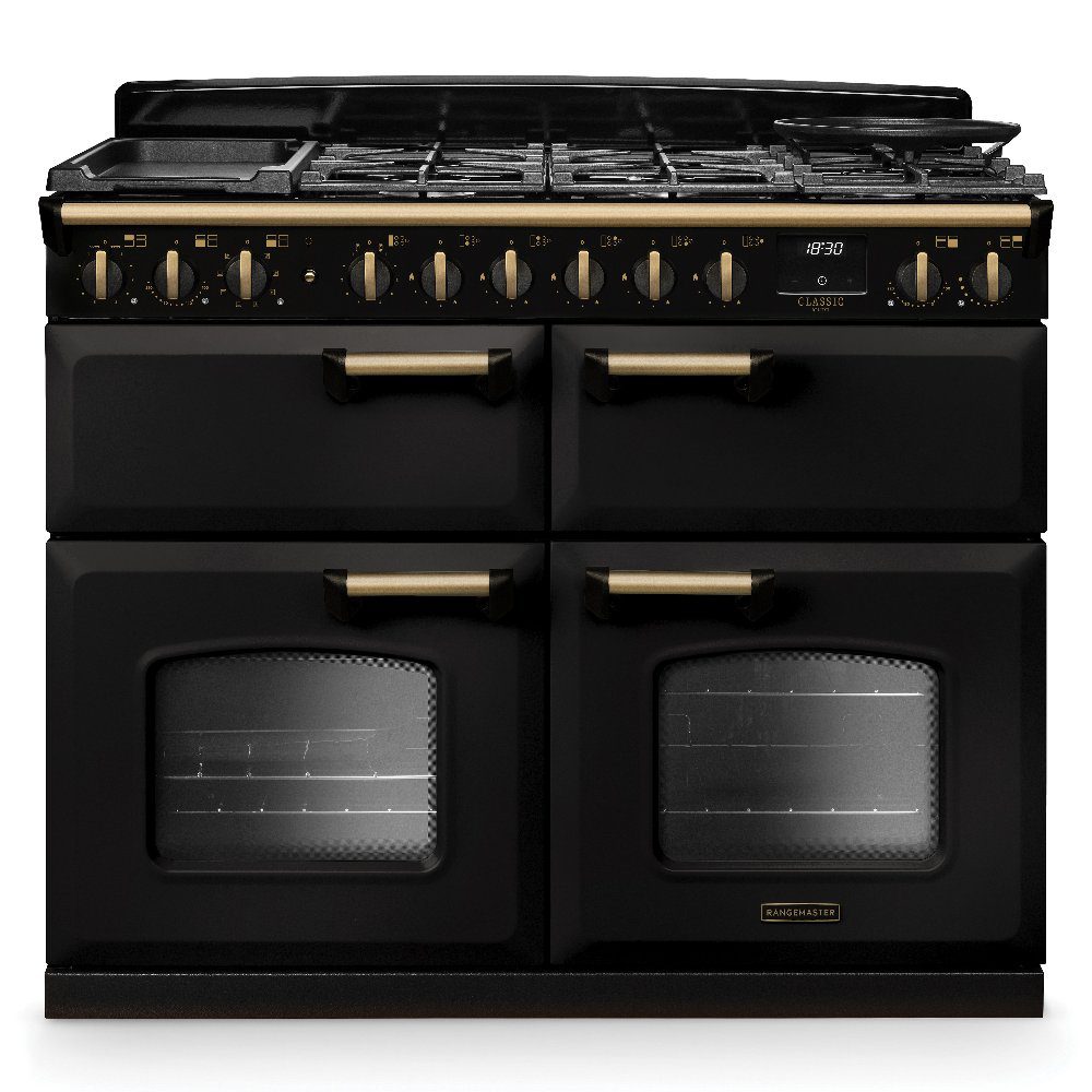 Rangemaster  Classic Deluxe BC 110cm Dual Fuel Range Cooker Antique Brass Trim 18364 CLDLB110DFPCBL/AB1 - Charcoal Black