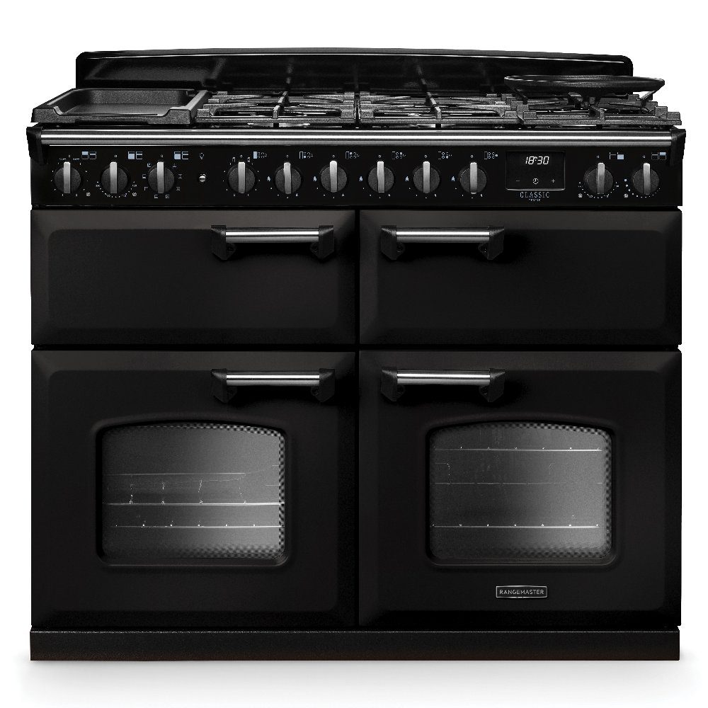 Rangemaster  Classic Deluxe BC 110cm Dual Fuel Range Cooker Chrome Trim 14875 CLDLB110DFPCBL/CM1 - Charcoal Black