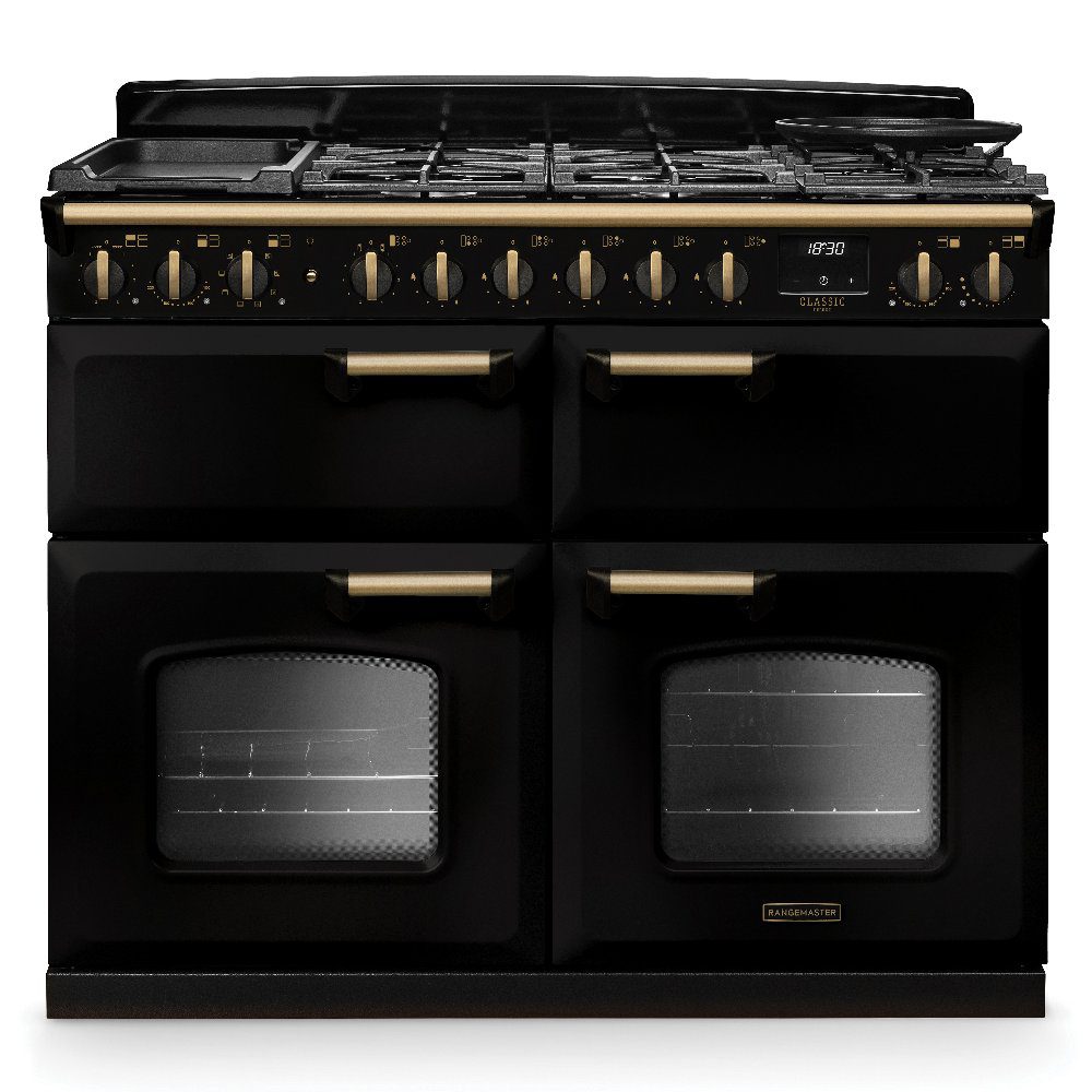 Rangemaster  Classic Deluxe BC 110cm Dual Fuel Range Cooker Antique Brass Trim 18363 CLDLB110DFPGBL/AB1 - Black