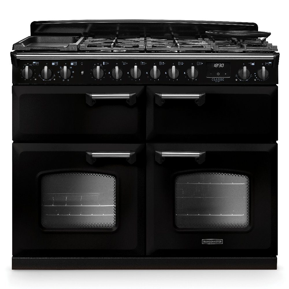 Rangemaster  Classic Deluxe BC 110cm Dual Fuel Range Cooker Chrome Trim 14874 CLDLB110DFPGBL/CM1 - Black