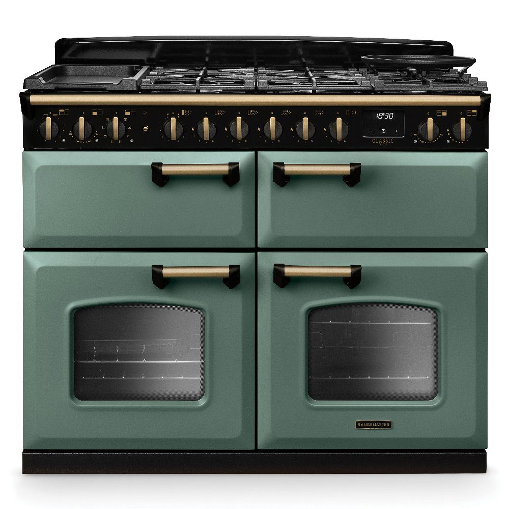 Rangemaster  Classic Deluxe BC 110cm Dual Fuel Range Cooker Antique Brass Trim 18366 CLDLB110DFPMGR/AB1 - Mineral Green